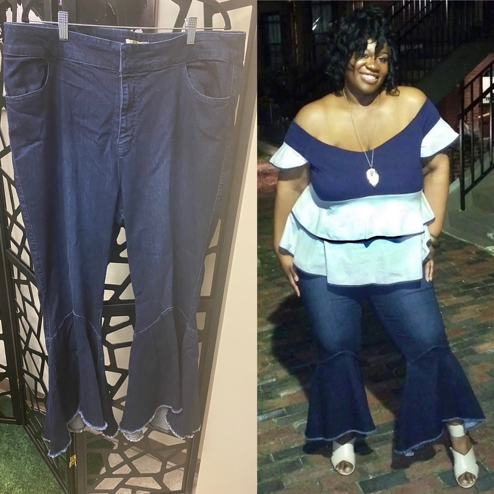 Eloquii Navy Flare Jeans with Ruffle Hem